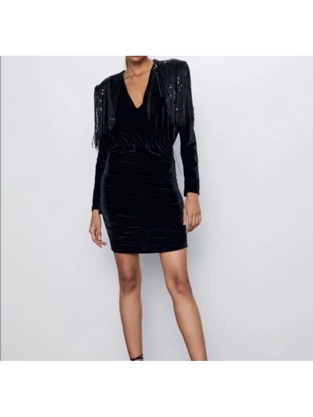 NWT Zara Black Fringe-Shoulder Velvet Mini Dress